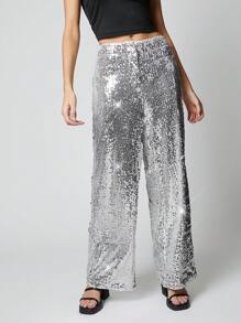 SHEIN EZwear Silberne Paillettenbesatz Weite Hose für den Winter - Silber - Übersicht 5