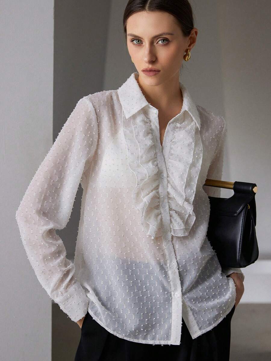 SHEIN Privé 女士浪漫优雅荷叶边纹理长袖衬衫优雅商务休闲女士纽扣衬衫 - 白色 - 查看 1