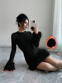 Rafferiza Women Crew Neck Long Sleeve Fuzzy Patchwork Casual Mini Sweater Dress