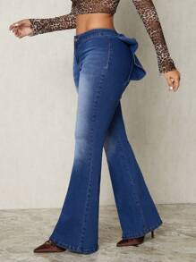 SHEIN SXY Quần Jeans Ống Loe Nữ Đính Nơ Quyến Rũ & Quyến Rũ - Màu xanh lam - Xem 3