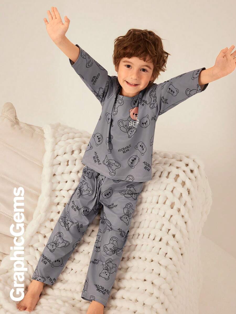 SHEIN Young Boy Bear Print Long Sleeve Pajama Set - Light Grey - View 1