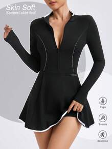 Easithlete Women's Color Block Trim Zipper Front Long Sleeve Casual Sporty Dress Tennis Dressathletic Dress