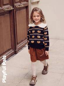 SHEIN 1 Pc Young Girl Sweater Ruffle Collar Splicing Fun Fruit Jacquard Cute/Vintage/Casual/Home/Outdoor Winter/Fall - Multicolor - View 4