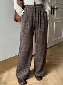 DAZY Pleated Wide Leg Floor Length Plaid Pants For Women,Fall Clothes