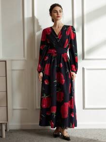 Aveloria EMERY ROSE Vestido de manga larga con cuello en V vintage, volantes en la cintura, manga abullonada y estampado aleatorio, para el Día de San Valentín, primavera y verano, para fiestas y vacaciones - Multicolor - Ver 3