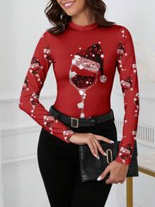 SHEIN Clasi Świąteczna, swobodna czapka Mikołaja i wzór kieliszka do wina, dopasowana koszulka z długim rękawem, góra odpowiednia na jesień/zimę