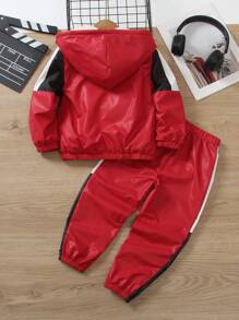 SHEIN 2 件套休闲运动羊毛连帽夹克和裤子套装，适合秋冬季日常、学校、运动和户外活动 - 紅色 - 查看 2