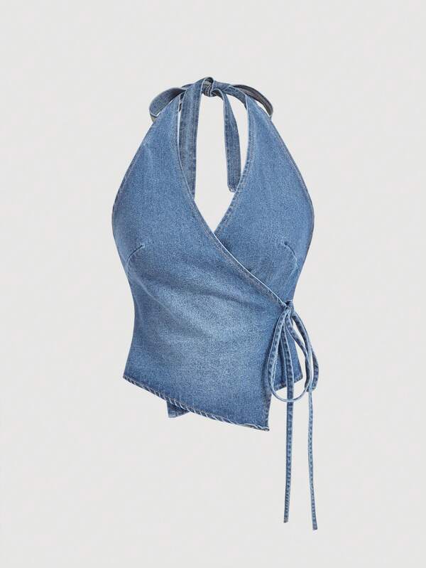 SHEIN MOD Women Tie Back Simple Denim Crop Top, Casual Everyday Wear