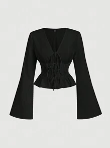 SHEIN MOD 女式系带喇叭袖衬衫，镂空服装女式衬衫，魔鬼服装，复古，海盗上衣，嬉皮士服装，外出上衣 - 黑色 - 查看 1