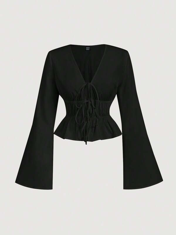 SHEIN MOD Women's Tie Front Flare Sleeve Blouse, Hollowed Costumes Women Blouse, Devil Costume, Vintage, Pirate Top, Hippie Clothes, Going Out Tops