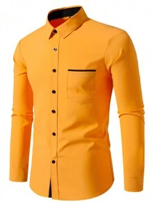 Manfinity Mode Áo sơ mi nam tay dài cài nút phía trước màu trơn đơn giản, thiết kế đơn giản để mặc hàng ngày - Màu vàng - Xem 3