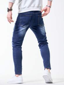 Manfinity Homme Men's Pocket Distressed Minimalist Casual Super Skinny Jeans, Frayed Plain Dark Blue Slim Fit Long Ripped Jeans, For Husband, Boyfriend Gifts - Dark Wash - View 2