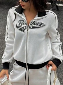Chiquease Sudadera casual de mujer con estampado de letras, manga larga y cremallera delantera en unicolor y diseño de parche - Blanco y Negro - Ver 6