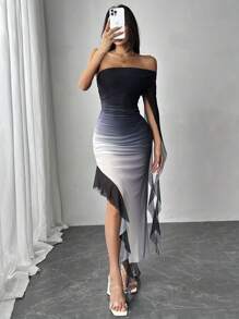 Chiquease Vestido midi asimétrico con cuello, borde de volantes y efecto degradado en malla, adecuado para fiestas, bodas y graduaciones, atuendo maxi para mujer para otoño/invierno