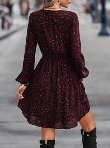 EMERY ROSE 滿版印花繫帶領荷葉邊連衣裙 - 酒紅色 - 查看 2