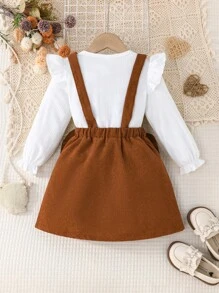 2pcs Girls Heart Print Cap Sleeve Long Sleeve T-Shirt With Suspender Skirt Suit Set, Autumn/Winter
