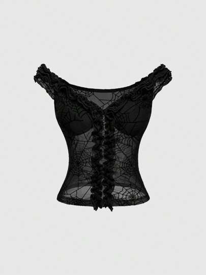Goth Dark Punk Style Sheer Spider Web Flocked Off-Shoulder Ruffle Trim Blouse For Women