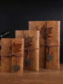 1pc Leaf Decor Notebook, Coffee Brown Retro Notebook For Office Valentine DAY, Valentines Wedding, Birthday - Multicolor - View 2