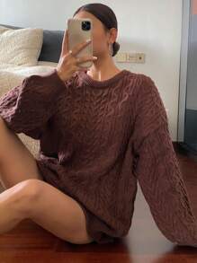 DAZY 女式圆领宽松麻花针织套头衫秋季 - 卡其色 - 查看 1
