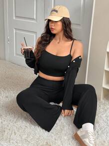 SHEIN EZwear 大码前扣长袖休闲上衣和裤子两件套 - 黑色 - 查看 3