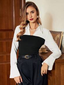 Vintamour 复古优雅女士办公室和约会衬衫，修身撞色领长袖衬衫，黑白冬季女装长袖衬衫感恩节女装女装新年情人节教堂服装女装