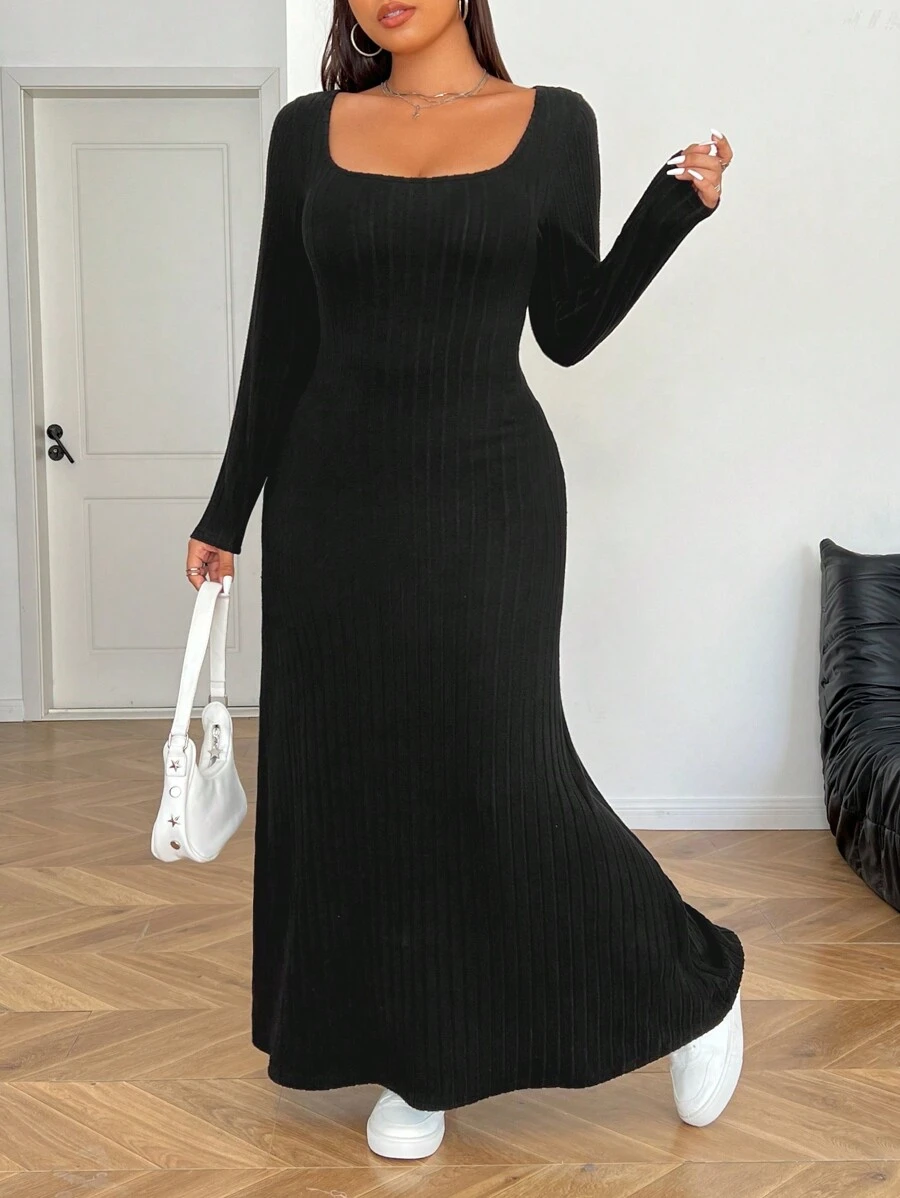 SHEIN EZwear Einfaches langes Kleid in Vollton mit langen Ärmeln in Große Größen, Lässig Alltagskleidung - Schwarz - Übersicht 1
