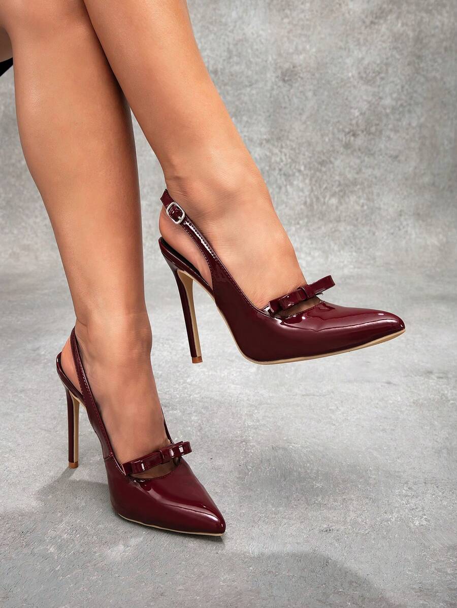 CUCCOO SZL 性感时尚尖头蝴蝶结装饰低鞋面细高跟休闲后带女士正装鞋，酒红色，优雅适合派对、圣诞节、新年，适合圣诞节和新年假期氛围秋冬情人节