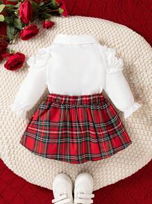 SHEIN Baby Girl Christmas Open Shoulder Ruffle Collar Bow Long Sleeve Top & Plaid Pleated Skirt 2pcs Suit Set, Warm And Comfortable Clothes, Cute Outfit For Autumn/Winter - Multicolor - View 2