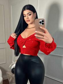 SHEIN SXY Áo len sợi bạc lấp lánh ngày lễ tình nhân/ngày lễ tình nhân màu xanh lá cây Giáng sinh Áo len hở vai gợi cảm cho nữ, Áo dài tay - Đỏ - Xem 1