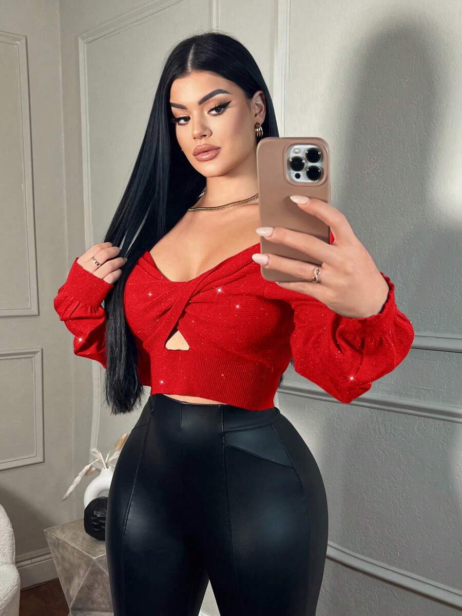 SHEIN SXY Áo len sợi bạc lấp lánh ngày lễ tình nhân/ngày lễ tình nhân màu xanh lá cây Giáng sinh Áo len hở vai gợi cảm cho nữ, Áo dài tay - Đỏ - Xem 1