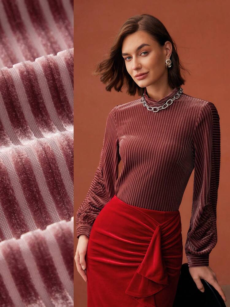 MOCK NECK RIBBED LONG SLEEVE TOP