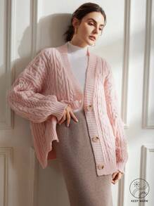 Chiquease Áo len cardigan dệt kim tay dài dáng rộng thoải mái cổ chữ V sâu dày có họa tiết rộng rãi cho nữ Áo len ngoại cỡ - Hồng - Xem 1
