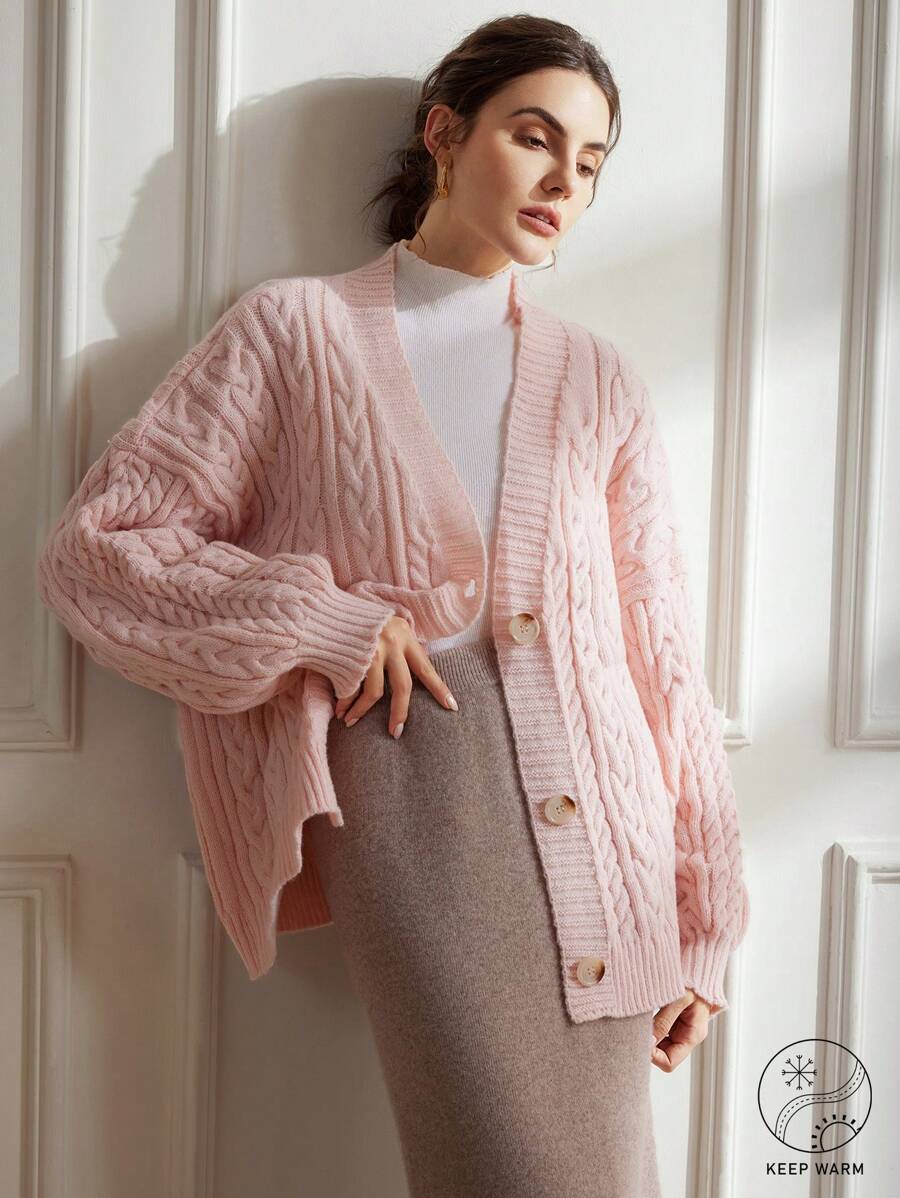 Chiquease Áo len cardigan dệt kim tay dài dáng rộng thoải mái cổ chữ V sâu dày có họa tiết rộng rãi cho nữ Áo len ngoại cỡ - Hồng - Xem 1