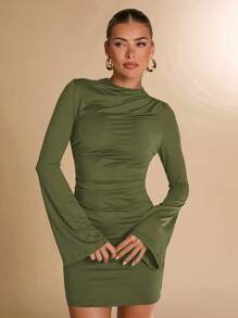 SHEIN BAE Đầm ôm body tay dài cổ cao xếp nếp cho nữ, phù hợp cho mùa thu/đông, mặc thường ngày/đi làm - xanh quân đội - Xem 6