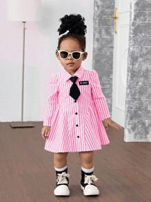 SHEIN 女婴梭织长袖条纹领合身休闲连衣裙（不含领带） - 玫紅色 - 查看 4