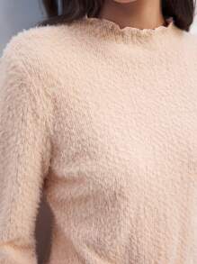 Maija 女款秋冬荷叶边粉色圣诞温暖蓬松质感立领长袖T恤 - 粉色 - 查看 3