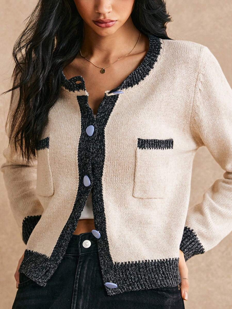 Poéselle 1 chiếc áo len cardigan ngắn tay đơn hàng ngày màu tương phản cho nữ, 2024 AW, Quần áo mùa đông - Màu Khaki - Xem 1