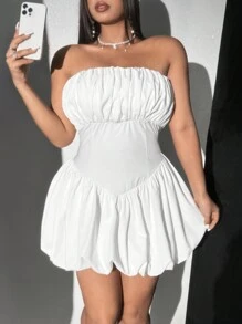 Viva Relle 大码女式优雅性感抹胸褶皱腰泡泡迷你连衣裙 - 白色 - 查看 3