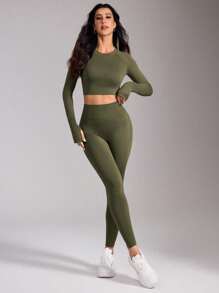 Easithlete Bộ đồ thể thao tập gym nữ thời trang hở lưng co giãn dài tay liền mạch và quần legging - Màu xanh Ô liu - Xem 8