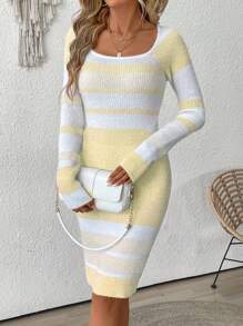 SHEIN LUNE 女士条纹立领插肩长袖优雅毛衣裙，秋冬 - 黃色 - 查看 5