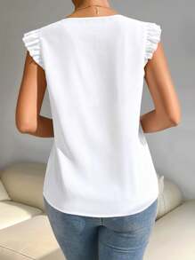 EMERY ROSE 女士撞色蕾丝荷叶边袖 V 领宽松休闲衬衫 - 白色 - 查看 2