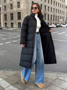 SHEIN Cottnline 女士黑色高领羽绒口袋细节冬季外套 - 黑色 - 查看 1