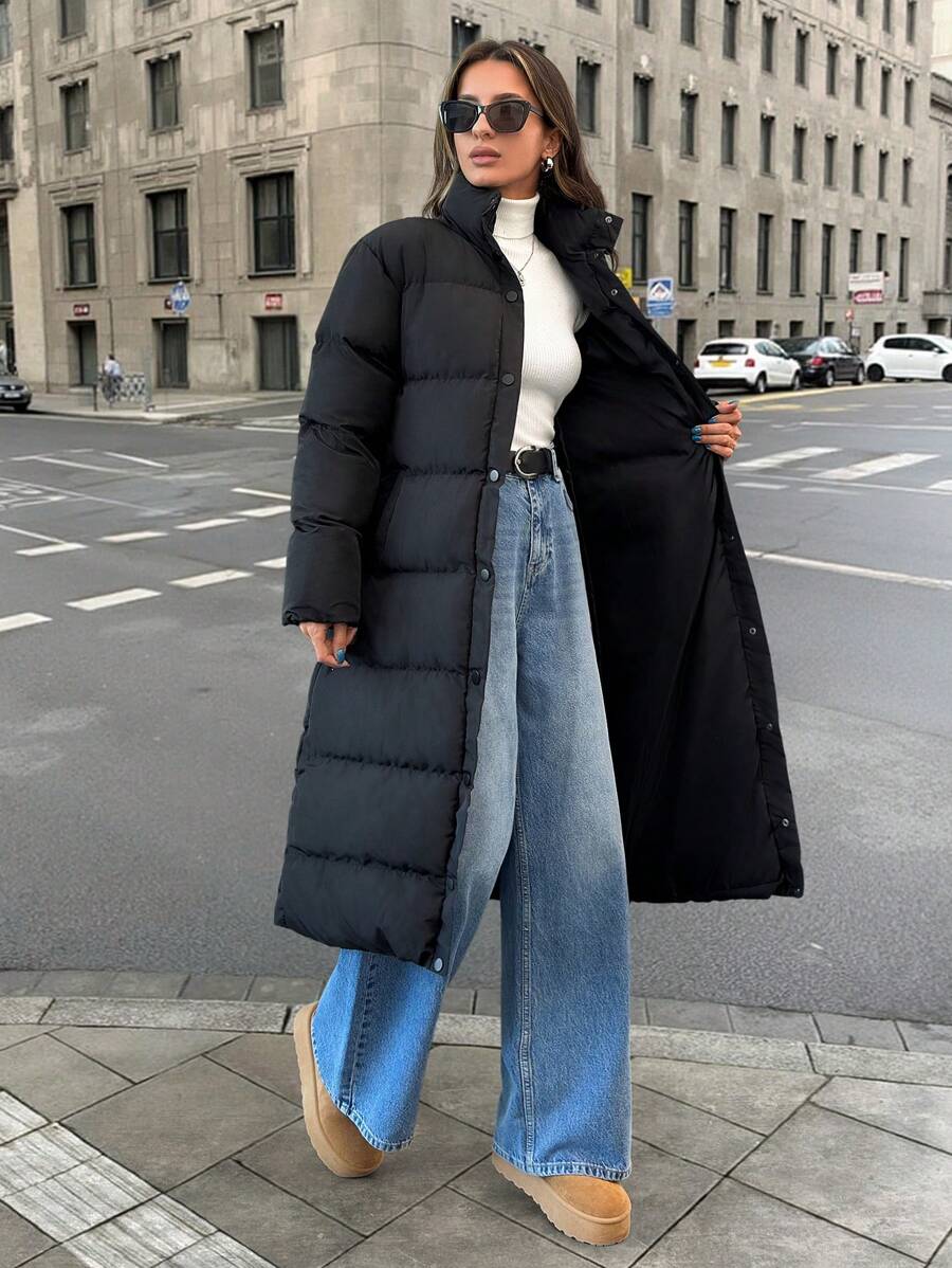 SHEIN Cottnline 女士黑色高领羽绒口袋细节冬季外套 - 黑色 - 查看 1