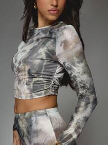 MISSGUIDED Bedrukt mesh ronde hals top met lange mouwen en bodycon maxi rok tweedelige co-ordset