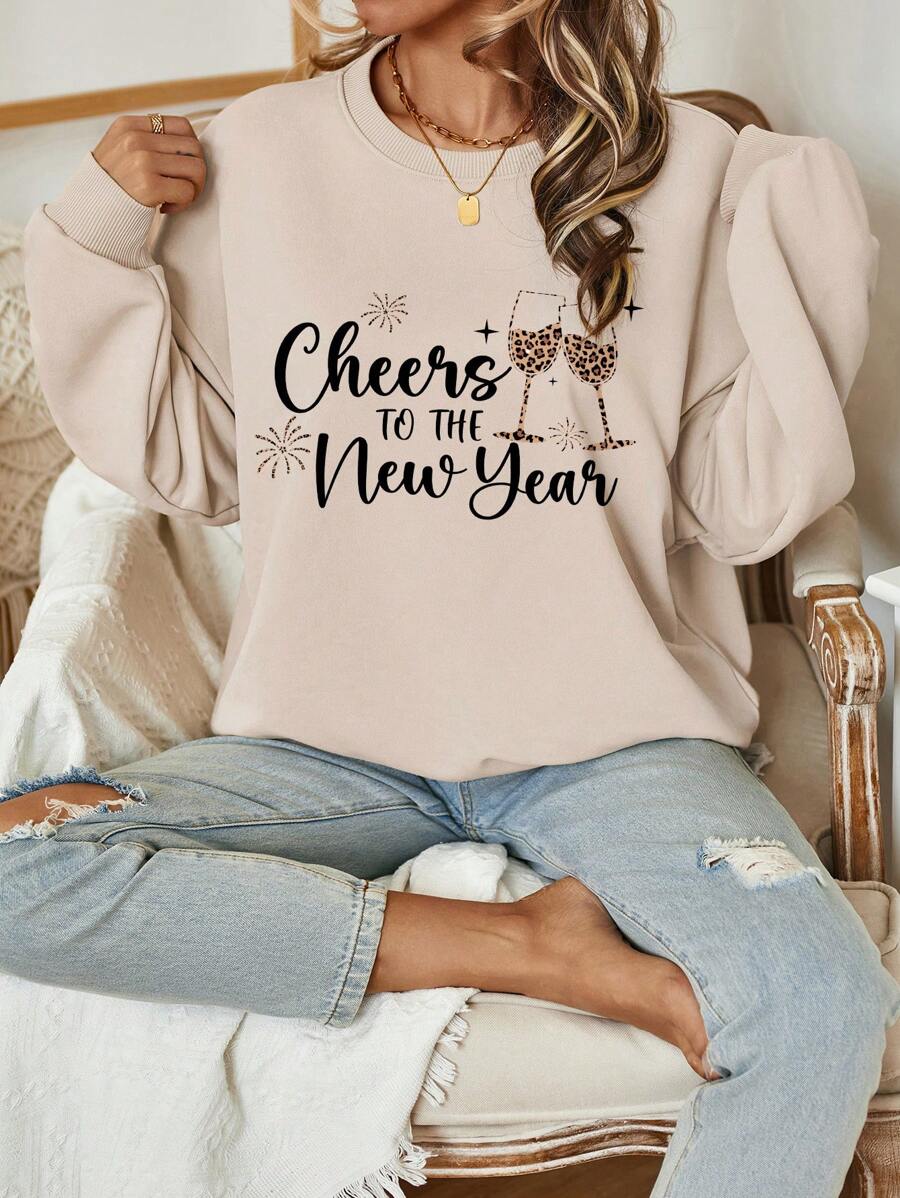 SHEIN LUNE 欢呼新年豹纹酒杯图案休闲超大圆领长袖运动衫，女式冬季假日