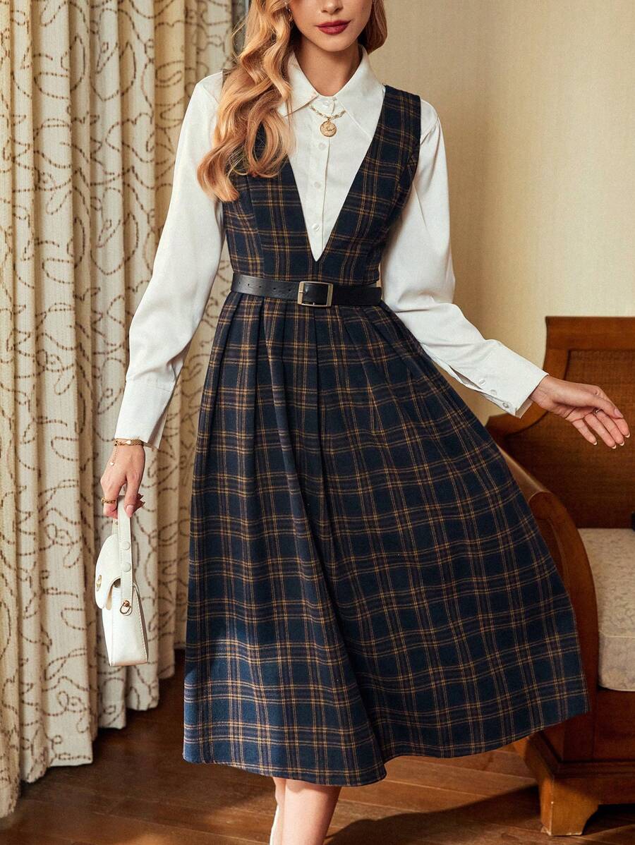 Vintamour Retro Classic Elegant Women's Pinafore Dress Sleeveless Plaid Dress With Flared Hem Valentine's Day Dresses For Women Elegant Business Casual Woman Church Clothes Women