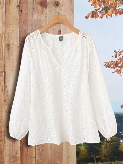 EMERY ROSE Plus Size Women Vacation Solid Cut-Out V-Neck Embroidered Casual Shirt, Winter Blouse