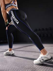 Powerista 女士纯色拼布字母印花休闲运动紧身裤 - 黑色 - 查看 6