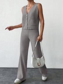 EURMUSE 2pcs/Set Women Single Breasted Knit Vest & Sweater Pants Casual Outfit Set, Autumn/Winter