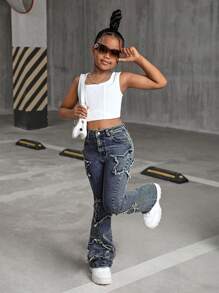 SHEIN SLAYR KIDS SLAYR KIDS Tween Girls' Y2K Casual Stonewashed Frayed Star Pattern Denim Flare Leg Jeans,Tween Girl Fall Clothes Homecoming Outfits - Dark Wash - View 7